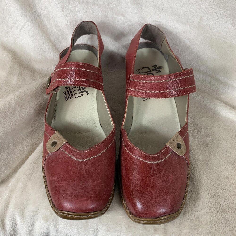 Rieker Womens 38 Red Leather Mary Jane Flats Shoes Hook Loop Comfort Slingback